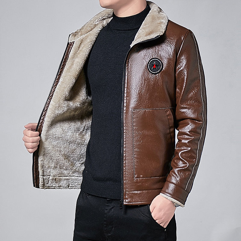 Men's Fleece-Lined PU Leather Jacket