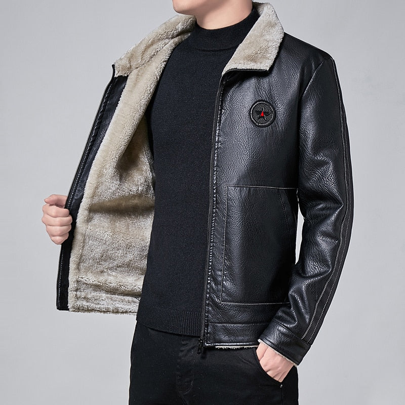 Men's Fleece-Lined PU Leather Jacket