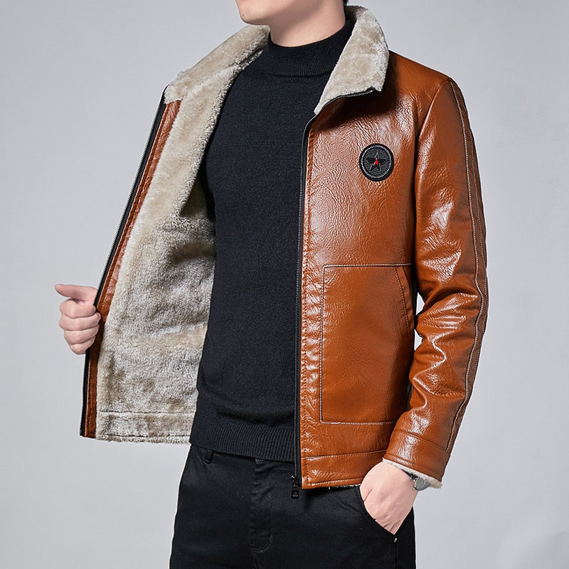 Men's Fleece-Lined PU Leather Jacket