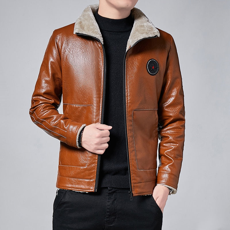 Men's Fleece-Lined PU Leather Jacket